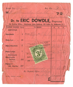 A receipt for payment for accommodation at Mary Lodge Guest House in Marysville.