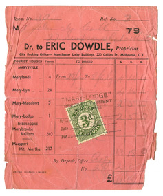 A receipt for payment for accommodation at Mary Lodge Guest House in Marysville.