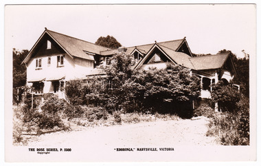 A black and white postcard from Kooringa Guesthouse in Marysville. The original house was built in 1914 for Frederick Webb by the Cuzens Brothers. The postcard was produced by the Rose Stereograph Co. as a souvenir of Marysville. On the reverse of the postcard is a space to write a message and an address and to place a postage stamp. The postcard is unused.