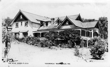 A digital copy of a black and white postcard from Kooringa Guesthouse in Marysville. The original house was built in 1914 for Frederick Webb by the Cuzens Brothers. The postcard was produced by the Rose Stereograph Co. as a souvenir of Marysville.