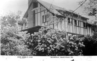 A digital copy of a black and white postcard from Kooringa Guesthouse in Marysville. The original house was built in 1914 for Frederick Webb by the Cuzens Brothers. The postcard was produced by the Rose Stereograph Co. as a souvenir of Marysville.