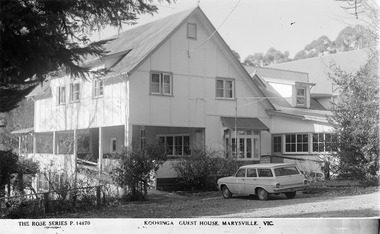 A digital copy of a black and white postcard from Kooringa Guesthouse in Marysville. The original house was built in 1914 for Frederick Webb by the Cuzens Brothers. The postcard was produced by the Rose Stereograph Co. as a souvenir of Marysville.