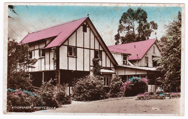 A colour tinted postcard from Kooringa Guesthouse in Marysville. The original house was built in 1914 for Frederick Webb by the Cuzens Brothers. The postcard was produced by The Valentine Publishing Co. as a souvenir of Marysville. On the reverse of the postcard is a space to write a message and an address and to place a postage stamp. The postcard is unused.