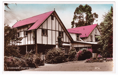 A colour tinted postcard from Kooringa Guesthouse in Marysville. The original house was built in 1914 for Frederick Webb by the Cuzens Brothers. The postcard was produced by The Valentine Publishing Co. as a souvenir of Marysville. On the reverse is a space to write a message and an address and to place a postage stamp. The postcard is unused.