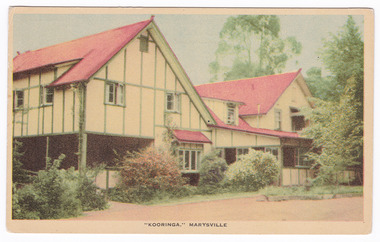 A colour postcard from Kooringa Guesthouse in Marysville. The original house was built in 1914 for Frederick Webb by the Cuzens Brothers. The postcard was produced by Nucolorvue Productions as a souvenir of Marysville. On the reverse of the postcard is a space to write a message and an address and to place a postage stamp. The postcard is unused.