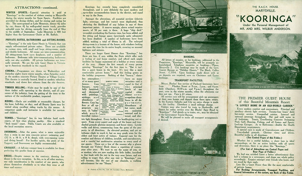 An information brochure regarding the accommodation and facilities available at Kooringa Guest House in Marysville. The brochure was produced by R.A.C.V. The original house was built in 1914 for Frederick Webb by the Cuzens Brothers.
