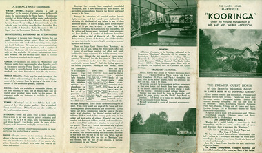 An information brochure regarding the accommodation and facilities available at Kooringa Guest House in Marysville. The brochure was produced by R.A.C.V. The original house was built in 1914 for Frederick Webb by the Cuzens Brothers.