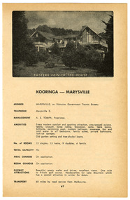 An advertisement for Kooringa Guest House in Marysville which was taken from a Broadbent's accommodation guide. The original house was built in 1914 for Frederick Webb by the Cuzens Brothers.