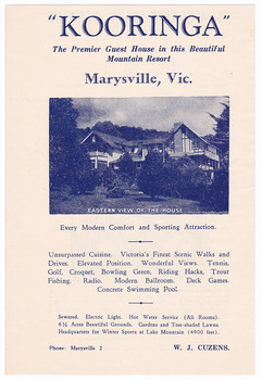 An advertisement for Kooringa Guest House in Marysville which was taken from a Broadbent's accommodation guide. The original house was built in 1914 for Frederick Webb by the Cuzens Brothers.