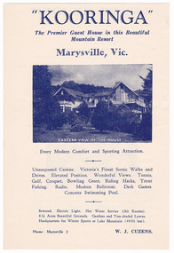 An advertisement for Kooringa Guest House in Marysville which was taken from a Broadbent's accommodation guide. The original house was built in 1914 for Frederick Webb by the Cuzens Brothers.