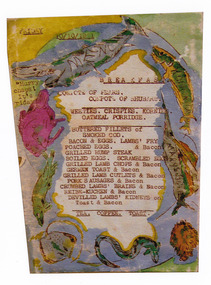 A colour photograph of a hand drawn menu from Kooringa Guest House in Marysville. This menu is dated 10th October 1931. There were hundreds of menus created by Wilbur Anderson and some were related to special days (ie St. Patrick's Day, the Melbourne Cup, etc.) with the dishes reflecting this. Unfortunately, the entire collection of original menus was lost in the 2009 Black Saturday bushfires.