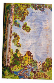A colour photograph of a hand drawn menu from Kooringa Guest House in Marysville. This menu is dated 24th February 1936. There were hundreds of menus created by Wilbur Anderson and some were related to special days (ie St. Patrick's Day, the Melbourne Cup, etc.) with the dishes reflecting this. Unfortunately, the entire collection of original menus was lost in the 2009 Black Saturday bushfires.
