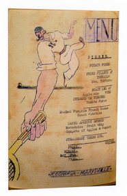 A colour photograph of a hand drawn menu from Kooringa Guest House in Marysville. This menu is dated 18th May 1936. There were hundreds of menus created by Wilbur Anderson and some were related to special days (ie St. Patrick's Day, the Melbourne Cup, etc.) with the dishes reflecting this. Unfortunately, the entire collection of original menus was lost in the 2009 Black Saturday bushfires.