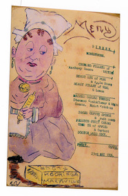 A colour photograph of a hand drawn menu from Kooringa Guest House in Marysville. This menu is dated 23rd May 1936. There were hundreds of menus created by Wilbur Anderson and some were related to special days (ie St. Patrick's Day, the Melbourne Cup, etc.) with the dishes reflecting this. Unfortunately, the entire collection of original menus was lost in the 2009 Black Saturday bushfires.