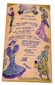 A colour photograph of a hand drawn menu from Kooringa Guest House in Marysville. This menu is dated 31st October 1936. There were hundreds of menus created by Wilbur Anderson and some were related to special days (ie St. Patrick's Day, the Melbourne Cup, etc.) with the dishes reflecting this. Unfortunately, the entire collection of original menus was lost in the 2009 Black Saturday bushfires.