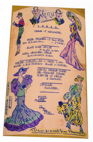A colour photograph of a hand drawn menu from Kooringa Guest House in Marysville. This menu is dated 31st October 1936. There were hundreds of menus created by Wilbur Anderson and some were related to special days (ie St. Patrick's Day, the Melbourne Cup, etc.) with the dishes reflecting this. Unfortunately, the entire collection of original menus was lost in the 2009 Black Saturday bushfires.
