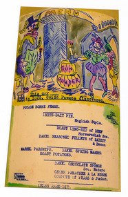 A colour photograph of a hand drawn menu from Kooringa Guest House in Marysville. This menu is dated 5th November 1936. There were hundreds of menus created by Wilbur Anderson and some were related to special days (ie St. Patrick's Day, the Melbourne Cup, etc.) with the dishes reflecting this. Unfortunately, the entire collection of original menus was lost in the 2009 Black Saturday bushfires.