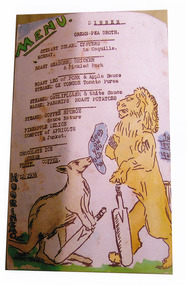 A colour photograph of a hand drawn menu from Kooringa Guest House in Marysville. This menu is dated 9th December 1936. There were hundreds of menus created by Wilbur Anderson and some were related to special days (ie St. Patrick's Day, the Melbourne Cup, etc.) with the dishes reflecting this. Unfortunately, the entire collection of original menus was lost in the 2009 Black Saturday bushfires.