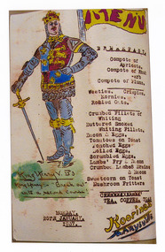 A colour photograph of a hand drawn menu from Kooringa Guest House in Marysville. This menu is dated 25th January 1937. There were hundreds of menus created by Wilbur Anderson and some were related to special days (ie St. Patrick's Day, the Melbourne Cup, etc.) with the dishes reflecting this. Unfortunately, the entire collection of original menus was lost in the 2009 Black Saturday bushfires.