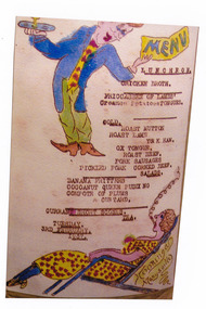 A colour photograph of a hand drawn menu from Kooringa Guest House in Marysville. This menu is dated 3rd February 1937. There were hundreds of menus created by Wilbur Anderson and some were related to special days (ie St. Patrick's Day, the Melbourne Cup, etc.) with the dishes reflecting this. Unfortunately, the entire collection of original menus was lost in the 2009 Black Saturday bushfires.