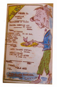 A colour photograph of a hand drawn menu from Kooringa Guest House in Marysville. This menu is dated 29th March 1937. There were hundreds of menus created by Wilbur Anderson and some were related to special days (ie St. Patrick's Day, the Melbourne Cup, etc.) with the dishes reflecting this. Unfortunately, the entire collection of original menus was lost in the 2009 Black Saturday bushfires.