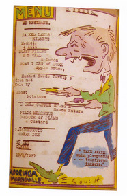 A colour photograph of a hand drawn menu from Kooringa Guest House in Marysville. This menu is dated 29th March 1937. There were hundreds of menus created by Wilbur Anderson and some were related to special days (ie St. Patrick's Day, the Melbourne Cup, etc.) with the dishes reflecting this. Unfortunately, the entire collection of original menus was lost in the 2009 Black Saturday bushfires.