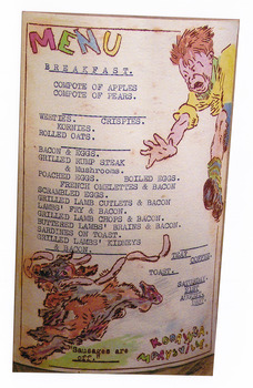 A colour photograph of a hand drawn menu from Kooringa Guest House in Marysville. This menu is dated 21st August 1937. There were hundreds of menus created by Wilbur Anderson and some were related to special days (ie St. Patrick's Day, the Melbourne Cup, etc.) with the dishes reflecting this. Unfortunately, the entire collection of original menus was lost in the 2009 Black Saturday bushfires.