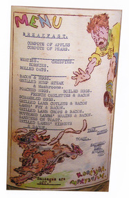 A colour photograph of a hand drawn menu from Kooringa Guest House in Marysville. This menu is dated 21st August 1937. There were hundreds of menus created by Wilbur Anderson and some were related to special days (ie St. Patrick's Day, the Melbourne Cup, etc.) with the dishes reflecting this. Unfortunately, the entire collection of original menus was lost in the 2009 Black Saturday bushfires.