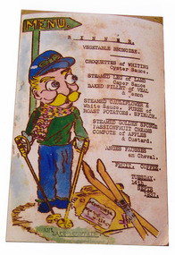 A colour photograph of a hand drawn menu from Kooringa Guest House in Marysville. This menu is dated 14th September 1937. There were hundreds of menus created by Wilbur Anderson and some were related to special days (ie St. Patrick's Day, the Melbourne Cup, etc.) with the dishes reflecting this. Unfortunately, the entire collection of original menus was lost in the 2009 Black Saturday bushfires.