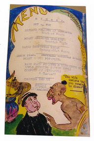A colour photograph of a hand drawn menu from Kooringa Guest House in Marysville. This menu is dated 17th October 1937. There were hundreds of menus created by Wilbur Anderson and some were related to special days (ie St. Patrick's Day, the Melbourne Cup, etc.) with the dishes reflecting this. Unfortunately, the entire collection of original menus was lost in the 2009 Black Saturday bushfires.