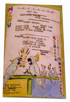 A colour photograph of a hand drawn menu from Kooringa Guest House in Marysville. This menu is dated 20th October 1937. There were hundreds of menus created by Wilbur Anderson and some were related to special days (ie St. Patrick's Day, the Melbourne Cup, etc.) with the dishes reflecting this. Unfortunately, the entire collection of original menus was lost in the 2009 Black Saturday bushfires.