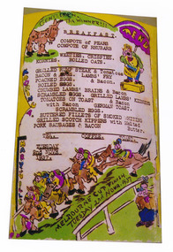 A colour photograph of a hand drawn menu from Kooringa Guest House in Marysville. This menu is dated 2nd November 1937. There were hundreds of menus created by Wilbur Anderson and some were related to special days (ie St. Patrick's Day, the Melbourne Cup, etc.) with the dishes reflecting this. Unfortunately, the entire collection of original menus was lost in the 2009 Black Saturday bushfires.