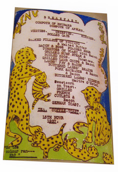 A colour photograph of a hand drawn menu from Kooringa Guest House in Marysville. This menu is dated 15th November 1937. There were hundreds of menus created by Wilbur Anderson and some were related to special days (ie St. Patrick's Day, the Melbourne Cup, etc.) with the dishes reflecting this. Unfortunately, the entire collection of original menus was lost in the 2009 Black Saturday bushfires.