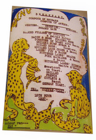 A colour photograph of a hand drawn menu from Kooringa Guest House in Marysville. This menu is dated 15th November 1937. There were hundreds of menus created by Wilbur Anderson and some were related to special days (ie St. Patrick's Day, the Melbourne Cup, etc.) with the dishes reflecting this. Unfortunately, the entire collection of original menus was lost in the 2009 Black Saturday bushfires.