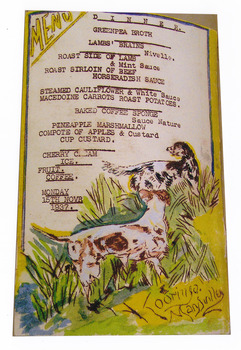 A colour photograph of a hand drawn menu from Kooringa Guest House in Marysville. This menu is dated 15th November 1937. There were hundreds of menus created by Wilbur Anderson and some were related to special days (ie St. Patrick's Day, the Melbourne Cup, etc.) with the dishes reflecting this. Unfortunately, the entire collection of original menus was lost in the 2009 Black Saturday bushfires.