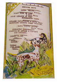 A colour photograph of a hand drawn menu from Kooringa Guest House in Marysville. This menu is dated 15th November 1937. There were hundreds of menus created by Wilbur Anderson and some were related to special days (ie St. Patrick's Day, the Melbourne Cup, etc.) with the dishes reflecting this. Unfortunately, the entire collection of original menus was lost in the 2009 Black Saturday bushfires.