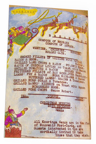 A colour photograph of a hand drawn menu from Kooringa Guest House in Marysville. This menu is dated 25th December 1937. There were hundreds of menus created by Wilbur Anderson and some were related to special days (ie St. Patrick's Day, the Melbourne Cup, etc.) with the dishes reflecting this. Unfortunately, the entire collection of original menus was lost in the 2009 Black Saturday bushfires.