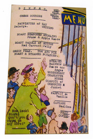 A colour photograph of a hand drawn menu from Kooringa Guest House in Marysville. This menu is dated 29th December 1937. There were hundreds of menus created by Wilbur Anderson and some were related to special days (ie St. Patrick's Day, the Melbourne Cup, etc.) with the dishes reflecting this. Unfortunately, the entire collection of original menus was lost in the 2009 Black Saturday bushfires.