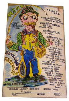 A colour photograph of a hand drawn menu from Kooringa Guest House in Marysville. This menu is dated 30th December 1937. There were hundreds of menus created by Wilbur Anderson and some were related to special days (ie St. Patrick's Day, the Melbourne Cup, etc.) with the dishes reflecting this. Unfortunately, the entire collection of original menus was lost in the 2009 Black Saturday bushfires.