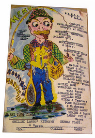 A colour photograph of a hand drawn menu from Kooringa Guest House in Marysville. This menu is dated 30th December 1937. There were hundreds of menus created by Wilbur Anderson and some were related to special days (ie St. Patrick's Day, the Melbourne Cup, etc.) with the dishes reflecting this. Unfortunately, the entire collection of original menus was lost in the 2009 Black Saturday bushfires.