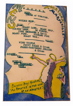 A colour photograph of a hand drawn menu from Kooringa Guest House in Marysville. This menu is dated 6th February 1938. There were hundreds of menus created by Wilbur Anderson and some were related to special days (ie St. Patrick's Day, the Melbourne Cup, etc.) with the dishes reflecting this. Unfortunately, the entire collection of original menus was lost in the 2009 Black Saturday bushfires.