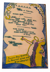 A colour photograph of a hand drawn menu from Kooringa Guest House in Marysville. This menu is dated 6th February 1938. There were hundreds of menus created by Wilbur Anderson and some were related to special days (ie St. Patrick's Day, the Melbourne Cup, etc.) with the dishes reflecting this. Unfortunately, the entire collection of original menus was lost in the 2009 Black Saturday bushfires.