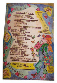 A colour photograph of a hand drawn menu from Kooringa Guest House in Marysville. This menu is dated 14th February 1938. There were hundreds of menus created by Wilbur Anderson and some were related to special days (ie St. Patrick's Day, the Melbourne Cup, etc.) with the dishes reflecting this. Unfortunately, the entire collection of original menus was lost in the 2009 Black Saturday bushfires.