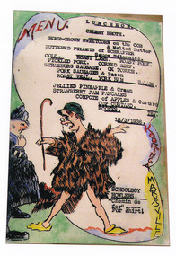 A colour photograph of a hand drawn menu from Kooringa Guest House in Marysville. This menu is dated 18th March 1938. There were hundreds of menus created by Wilbur Anderson and some were related to special days (ie St. Patrick's Day, the Melbourne Cup, etc.) with the dishes reflecting this. Unfortunately, the entire collection of original menus was lost in the 2009 Black Saturday bushfires.