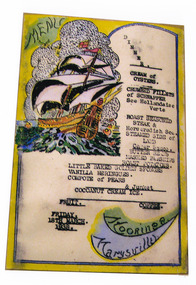 A colour photograph of a hand drawn menu from Kooringa Guest House in Marysville. This menu is dated 18th March 1938. There were hundreds of menus created by Wilbur Anderson and some were related to special days (ie St. Patrick's Day, the Melbourne Cup, etc.) with the dishes reflecting this. Unfortunately, the entire collection of original menus was lost in the 2009 Black Saturday bushfires.