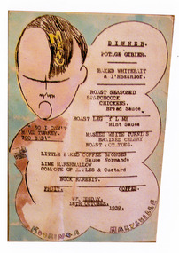 A colour photograph of a hand drawn menu from Kooringa Guest House in Marysville. This menu is dated 18th October 1939. There were hundreds of menus created by Wilbur Anderson and some were related to special days (ie St. Patrick's Day, the Melbourne Cup, etc.) with the dishes reflecting this. Unfortunately, the entire collection of original menus was lost in the 2009 Black Saturday bushfires.