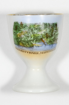 Royal Scenic China Egg cup white with gold trim and an image and text of Taggerty River Marysville in front. Made in Bohemia.