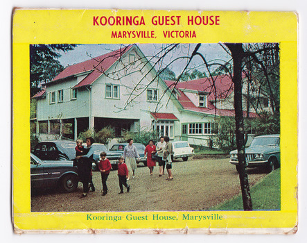 A pull-out postcard with colour photographs of attractions in and around Marysville in Victoria. The postcard was produced by the Rose Stereograph Co as a souvenir of Marysville.