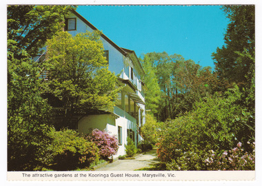 A colour postcard from Kooringa Guest House in Marysville. The postcard was produced by Murray Views as a souvenir of Marysville. On the reverse of the postcard is a space to write a message and an address and to place a postage stamp. The postcard is unused.