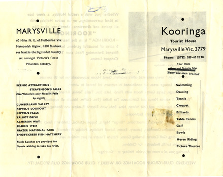A brochure outlining the accommodation, facilities and local activities available to guests staying at Kooringa Tourist House in Marysville.
